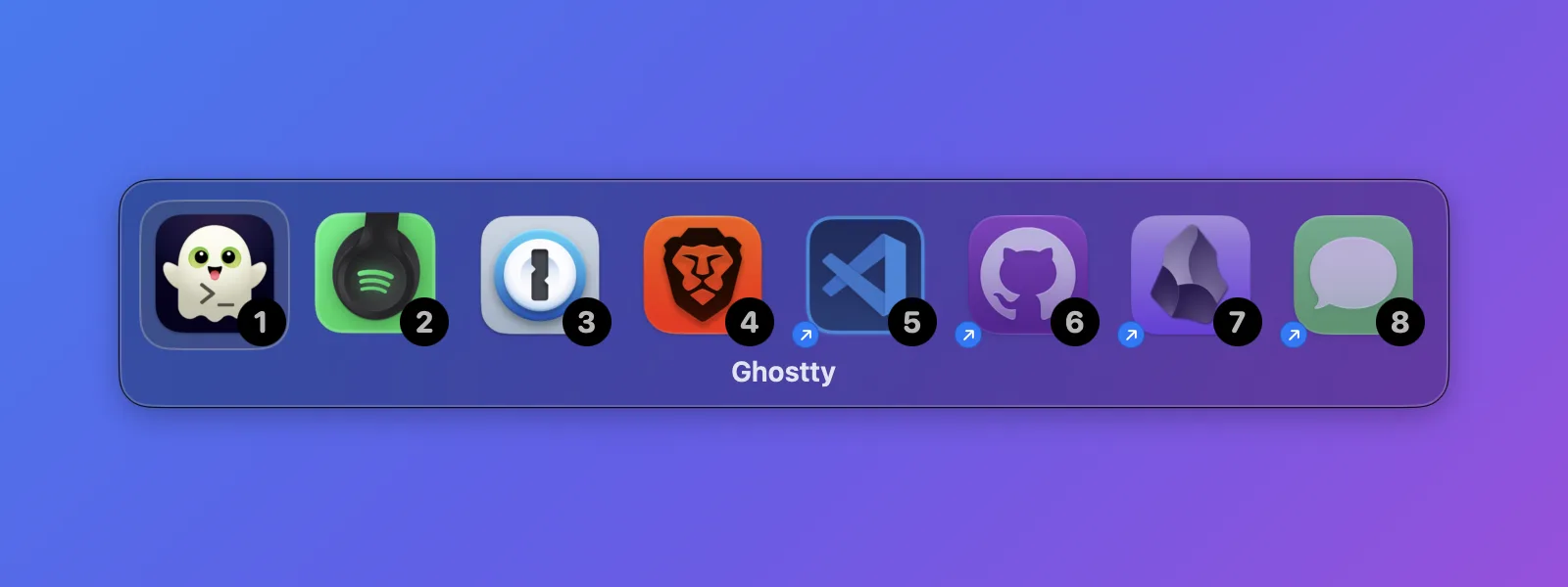 The Cmd-Tab switcher, showing eight running apps with Ghostty selected