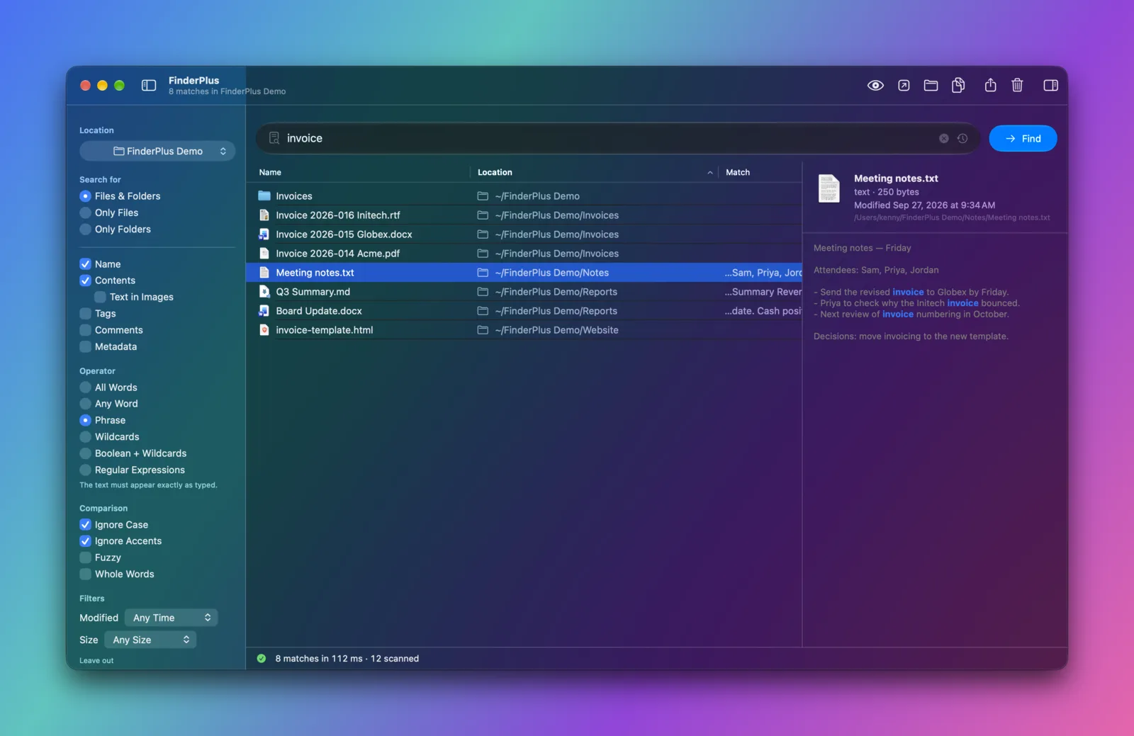 FinderPlus searching a folder for “invoice”, with every match marked in the preview beside the results