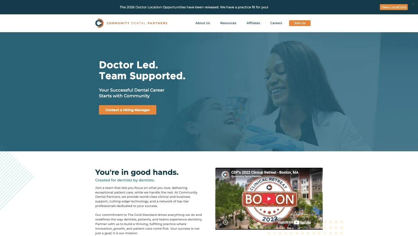 The Community Dental Partners homepage, with the headline “Doctor Led. Team Supported.” over a photo of a dentist with a patient