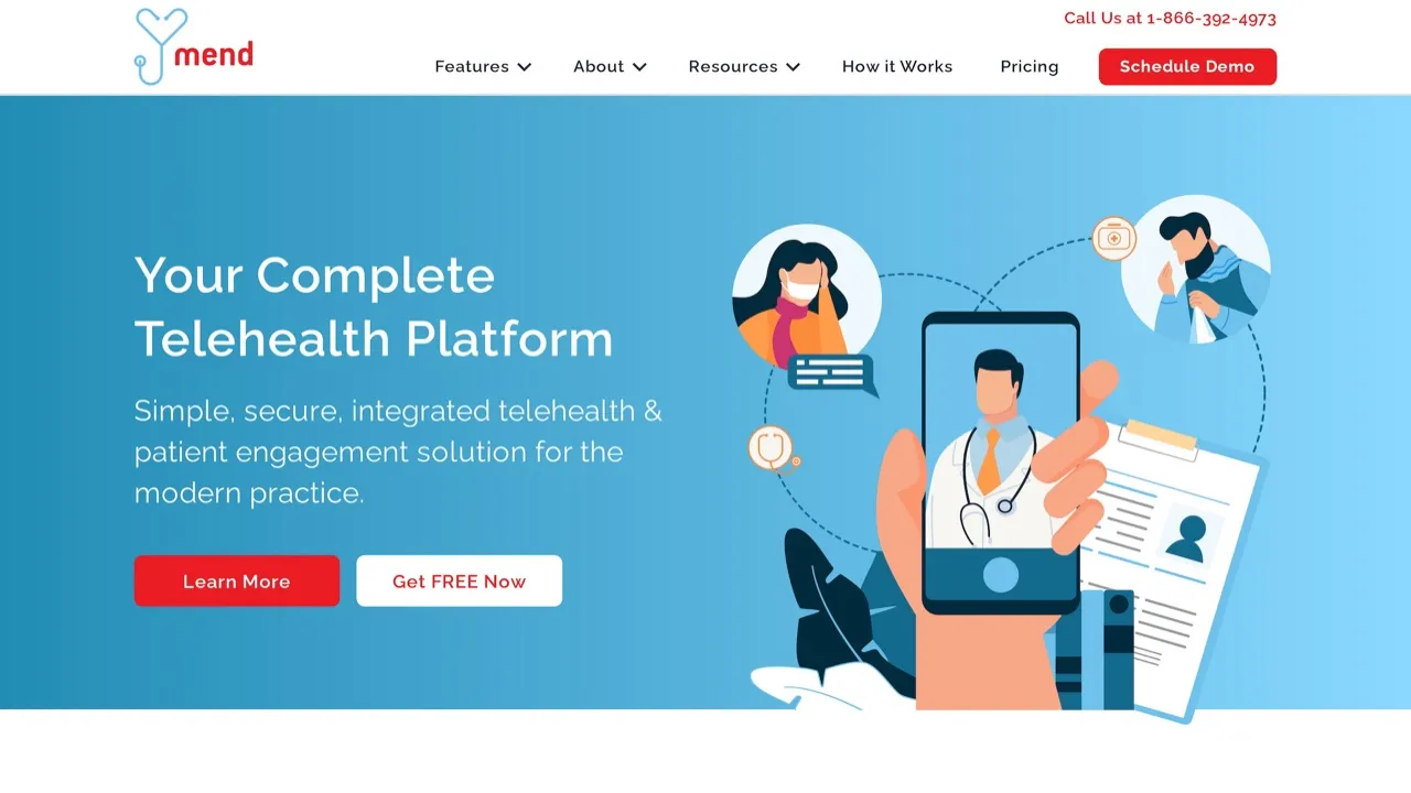 The Mend homepage, with the headline “Your Complete Telehealth Platform” beside an illustration of a video visit on a phone