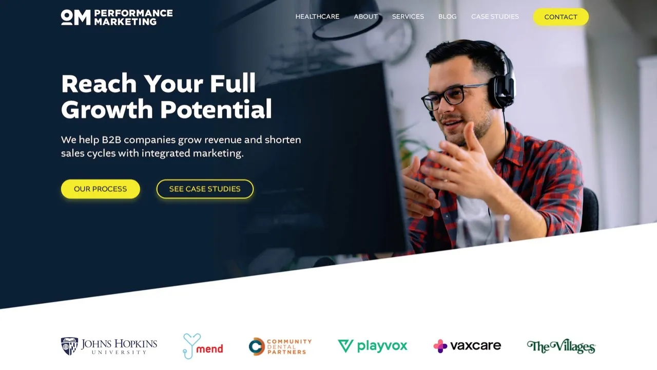 The Orlando Marketers homepage, with the headline “Reach Your Full Growth Potential” over a photo of a man on a headset call