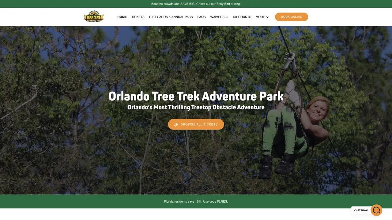 The Orlando Tree Trek Adventure Park homepage, with the park’s name over a photo of a zip line through the trees