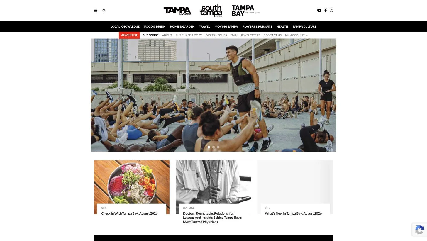 The Tampa Magazines homepage, with a lead photo of an outdoor fitness class above a row of article cards