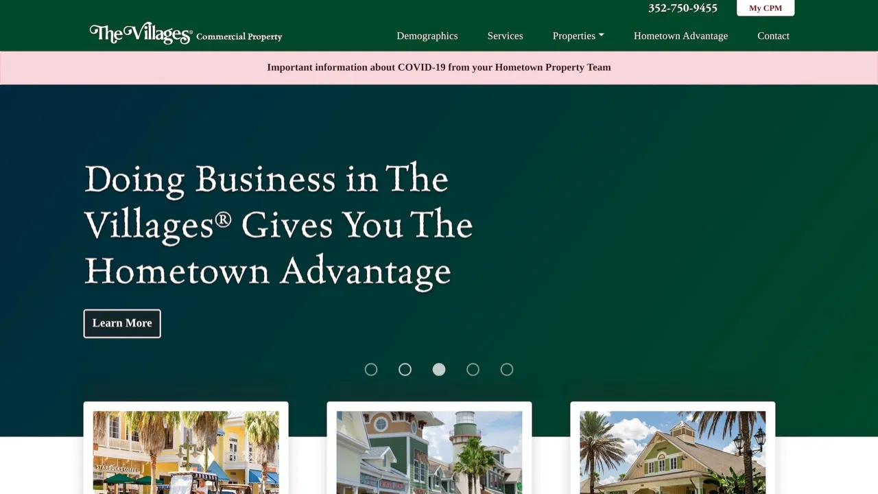 The Villages commercial property page, with the headline “Doing Business in The Villages Gives You The Hometown Advantage”