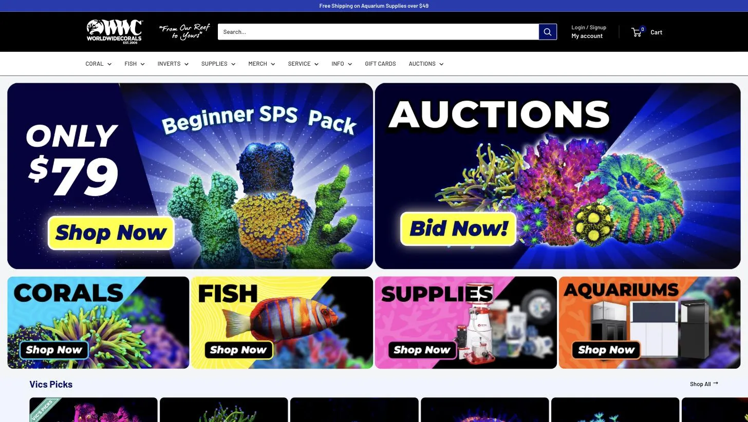 The World Wide Corals storefront, with banners for a coral starter pack and an auction above tiles for corals, fish, supplies and aquariums